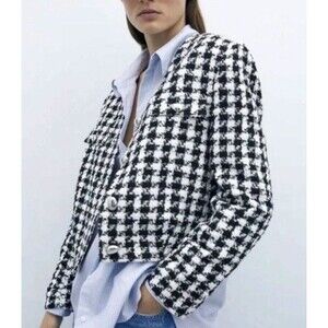 Zara Womens Cropped Tweed Blazer Jacket Size XS